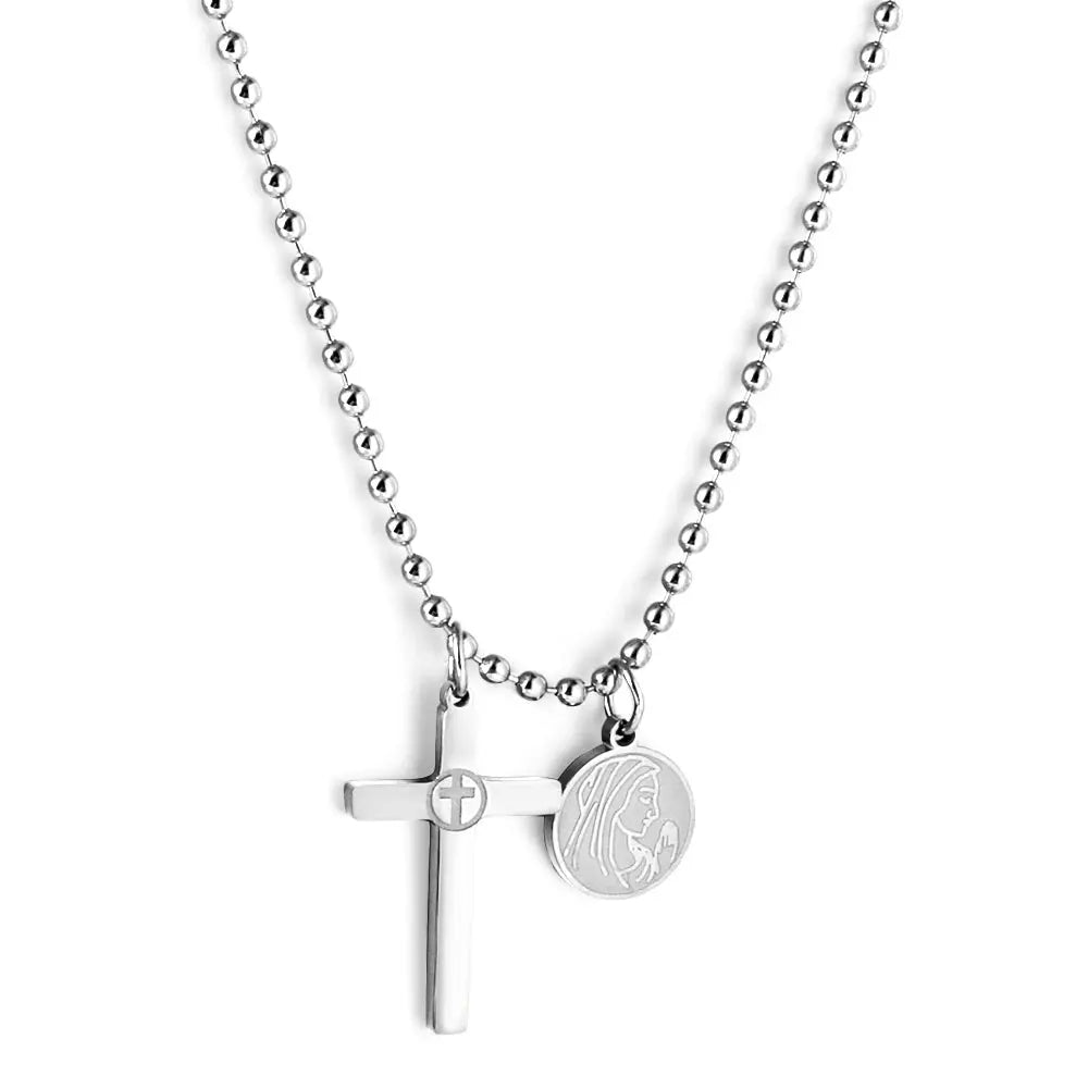 Stainless Steel Cross + Round Accessories With Beauty Pattern + Bead Chain Necklace asonjewelry